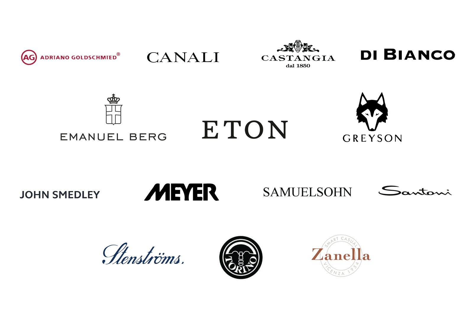 Collection of menswear logos: canali, castangia, di bianco, eton, greyson and more